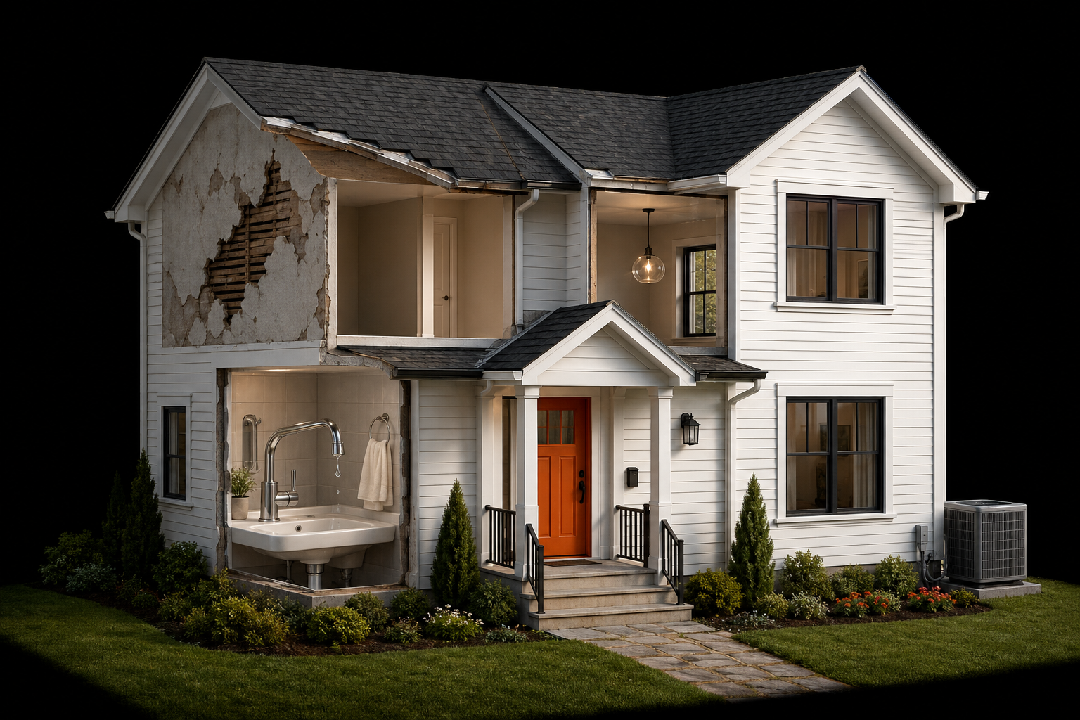 Realistic cutaway house showing a dripping bathroom sink, pendant light, damaged wall, shingle roof and outdoor cooling unit